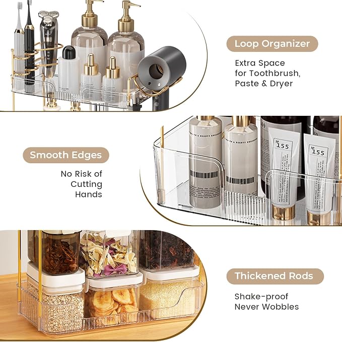 Aveniee Bathroom Counter Organizer Countertop, 3 Tier Makeup Perfume Storage with Hair Dryer Rack and Toothbrush Holder, Cosmetic Tray for Vanity - Clear