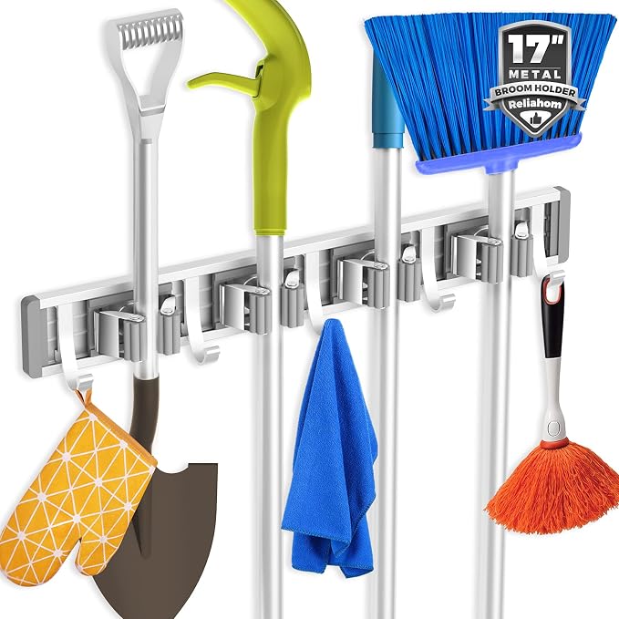 reliahom Broom Holder Wall Mount Mop Hanger Tools organizer 4Racks 5Hooks | Adjustable Mop Broom Wall Hanging Heavy duty Tools Storage Rack Space-saving for Garage,Kitchen,Laundry Room,Garden, Silver