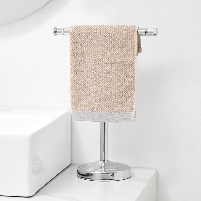 RUMOSE Polished Chrome Hand Towel Holder Stand Countertop Towel Rack | 13 Inch Bathroom Kitchen Vanity T-Shape Towel Stand Free Standing Stainless Steel Towel Bar Towel Ring