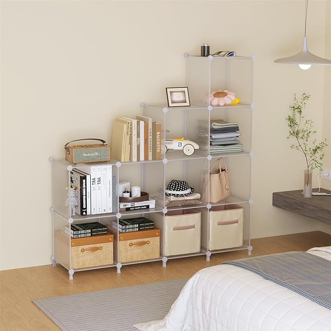 AWTATOS Closet Organizers, 12 Cube Storage Organizer, Transparent Twill | Portable Closet Organizers Storage Shelves, DIY Stackable Plastic Clothes Organizer Shelving for Home, Bedroom