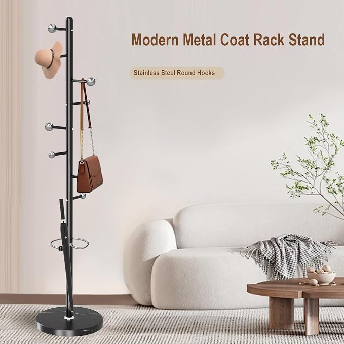 Coat Rack Stand, Black Metal Coat Rack Freestanding with 8 Hooks | Modern Coat Rack with Natural Marble Base,Modern Coat Hanger Stand, 3 Adjustable Coat Clothes Tree Stand for Office