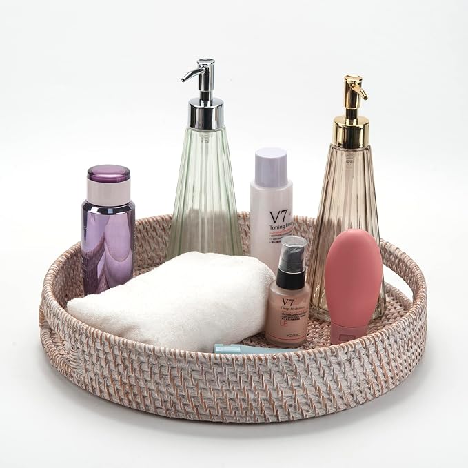 Coffee Table Tray Round Rattan Ottoman Tray Woven Serving Trays with Handles for Home and Kitchen Decorative White (Large 14 inch x 2.4 inch)