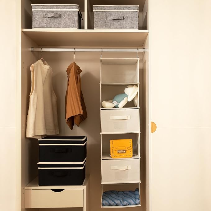 Storage Bins with Lid, Foldable Clothing Storage Box case with Handle for Closet, Bedroom, Home, Gray+Black, 13L x 12.5W x 7H inch