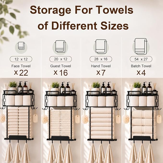 Towel Racks for Bathroom 23.8 Inch Wall Mounted Towel Rack with Shelf, Small Bathroom Towel Storage Holds 3–6 Large Rolled Towels, Metal Wall Towel Rack, Black