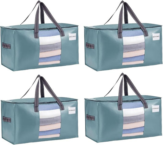 VENO Moving Bags, Wide Open Top, Clear Window, Light Blue, 4 Pack | Moving boxes Alternative, Heavy Duty, Storage Bags, Clothes and Comforter Storage, Packing Supplies, College Dorm Essentials