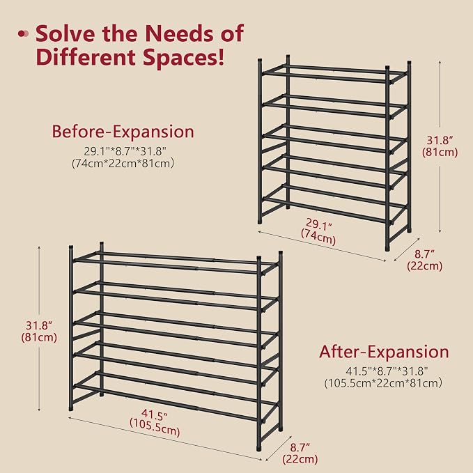 Expandable Shoe Rack for Closet 5 Tier, 28“-41“Stackable, Black | Adjustable Shoe Organizer Closet Shoe Rack Floor, Metal Shoe Shelf Storage for Entryway, Closet, Garage, Front Door Entrance