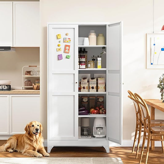 Yizosh Metal Storage Cabinet with 2 Doors and 4 Adjustable Shelves - 71" White Kitchen Pantry Storage 4-Tier Tall Steel Cabinets Locker for Kitchen, Living Room, Dining Room