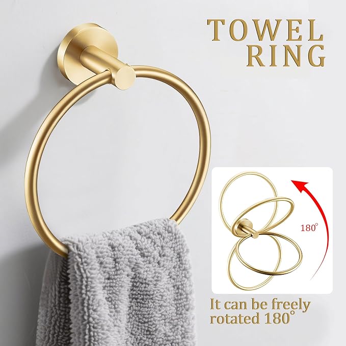 6 Pieces Brushed Gold Bathroom Hardware Accessories Set Hand Towel Ring 16&23.6 inch Round Towel Bar Toilet Paper Holder Towel Hooks 2 Pieces SUS 304 Stainless Steel,Heavy Duty,Wall Mounted