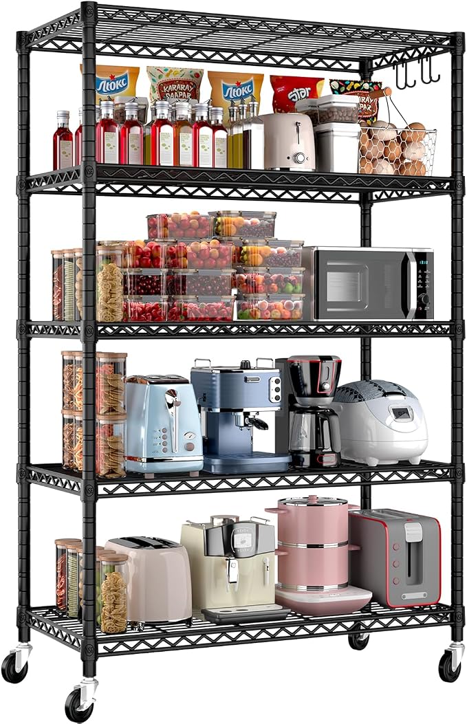 PrimeZone Wire Shelving with Wheels, 5-Tier NSF Adjustable Storage Shelves | 36"W x 16"D x 79"H Metal Shelf, Adjustable Organizer, 4 Hooks, Heavy Duty 1250 LBS Capacity for Kitchen, Pantry, Closet