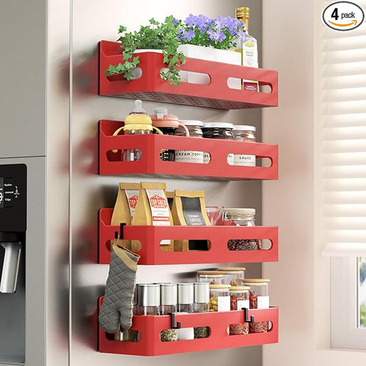 Sevenblue 4-Pack Magnetic Spice Rack for Refrigerator with Hooks, Red | Strong multipurpose magnetic shelf for kitchen & bathroom organization. Includes 4 removable hooks for hanging items.