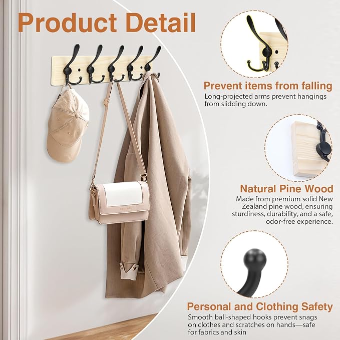 Wooden Coat Rack Wall Mount Heavy Duty, 2 Pack Coat Hanger Wall Mount with 5 Triple Hooks for Clothes, Jacket, Hat, Keys, Space Saving Entryway Organizer for Mudroom (Natural Plate & Black Hooks)