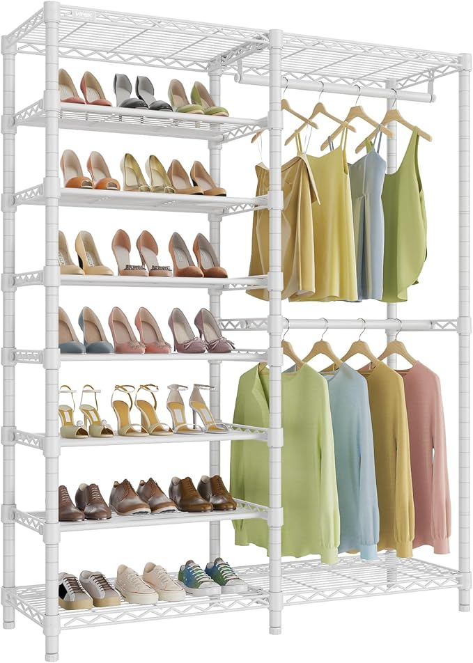 VIPEK S2 8-Tier Shoe Rack with Hanging Rods, Heavy Duty Garment Rack, White | Freestanding Clothing Rack with 2 Hanging Rods, Adjustable Shelves, Heavy Duty Walk-In Closet Organizer for Entryway/Bedroom