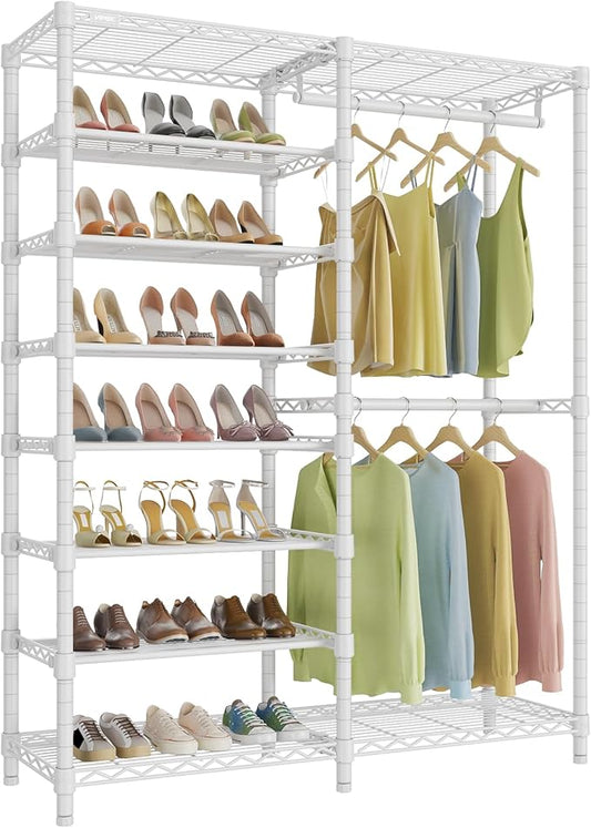 VIPEK S2 8-Tier Shoe Rack with Hanging Rods, Heavy Duty Garment Rack, White | Freestanding Clothing Rack with 2 Hanging Rods, Adjustable Shelves, Heavy Duty Walk-In Closet Organizer for Entryway/Bedroom
