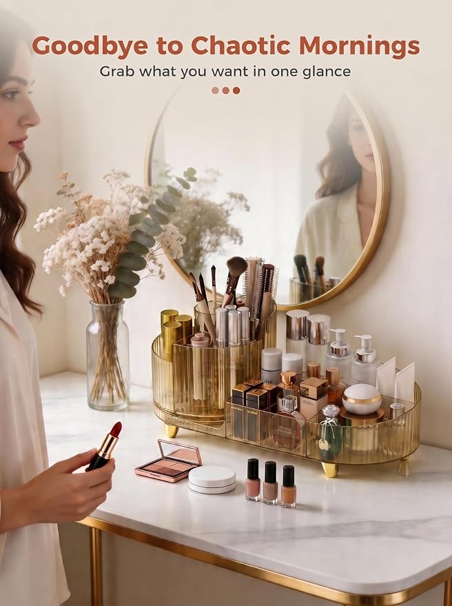 Booklov Rotating Makeup Organizer for Vanity Countertop, Amber | Clear Acrylic Cosmetic Display Case, Large Beauty Brush Holder for Bathroom Counter, Skincare Lipsticks Storage