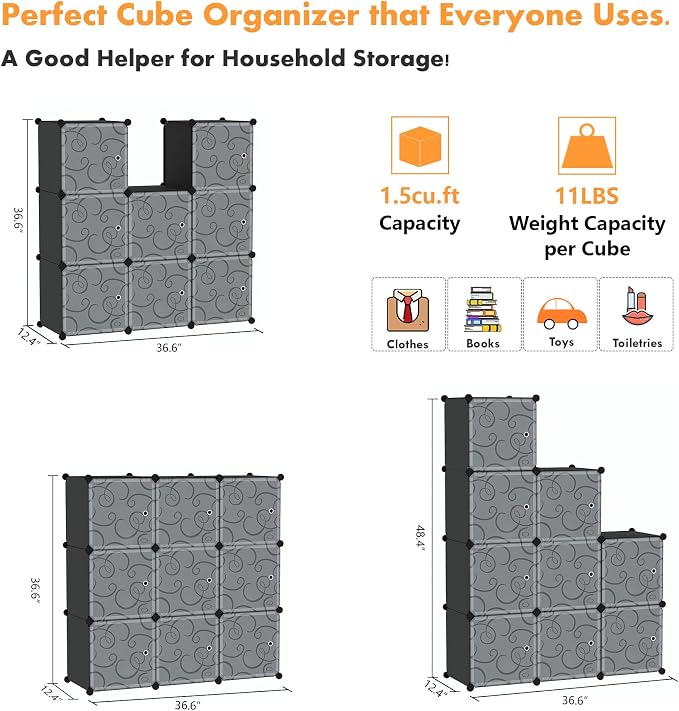 C&AHOME 9-Cube Storage Organizer with Door Cube Shelf Closet Cabinet Black | DIY Plastic Modular Bookshelf, Stackable Clothes Storage Shelving Ideal for Home, Bedroom, 36.6”L x 12.4”W x 36.6”H