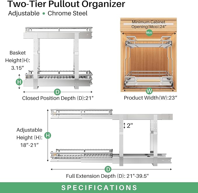 Pull out Cabinet Organizer, 2 Tiers 23"W X 21"D, Heavy Duty Smooth Sliding Under Cabinet Shelves for Pots and Pans, Full-Extension Roll out Drawers, Slide out Organization for Home Kitchen Pantry