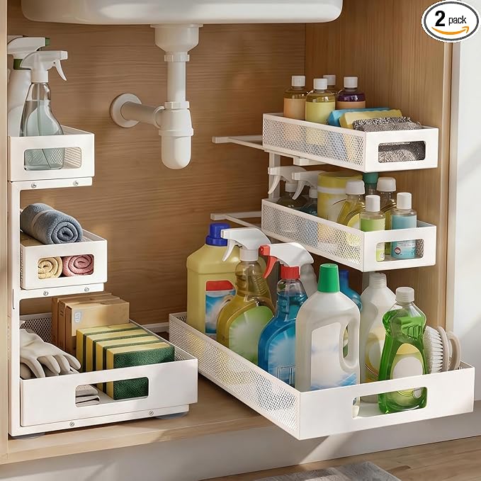 3 Tier Under Sink Organizer,2 Pack Pull Out Cabinet Shelves with Adjustable Height,Heavy Duty Carbon Steel L-Shaped Storage for Kitchen Bathroom Sink,Pantry & Laundry,White