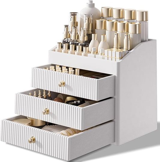 LADSTAG Vanity Organizers,Luxury Skincare Organizer with 3 Tier Drawers,Beige White Large Capacity Cosmetic Organizer Countertop for Makeup Brush,Dresser,Bedroom,Bathroom,Mom Gifts,Mom Birthday Gifts