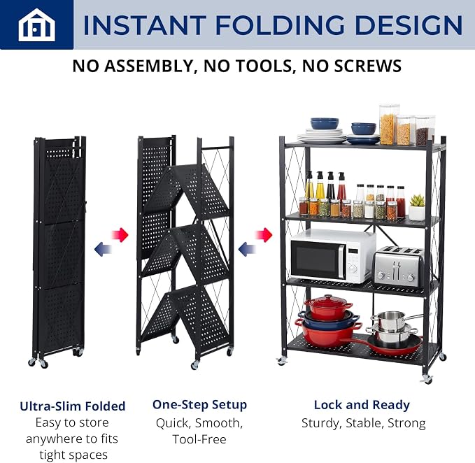 4 Tier Foldable Storage Shelf with Wheels, Collapsible Metal Rack Shelving Unit, No Assembly Required, Rolling Cart Shelf Rack Organizer for Books, Garage, Kitchen, Closet, Pantry, Exhibition, Black