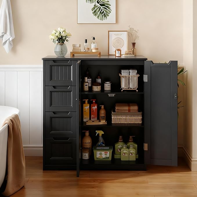 Gizoon Wooden Bathroom Floor Cabinet, Side Storage Organizer Cabinet | Bathroom Storage Cabinet with 4 Drawers & 2 Doors, Adjustable Shelf, Anti-tipping, for Entryway, Living/Dining Room, Black