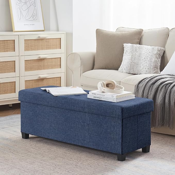 Ornavo Home 43" Large Storage Ottoman Bench with Legs, Navy Blue | Foot Rest Stool; Ottoman with Hidden Storage; Ideal for Bedroom, Living Room, Entryway or Home Office