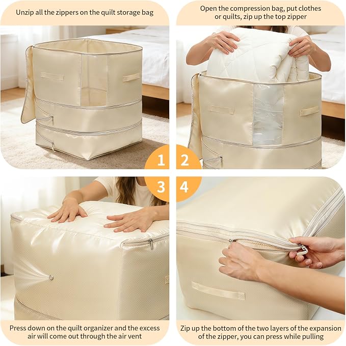 4 Pack Upgrade Comforter Storage Bag with Handle, Space Saving 3-Layer Adjustable In 3 Sizes (142L, 107L, 71L), Compression Blanket Storage Bags, Washable Bedding Organizer For Pillow Duvet Clothing
