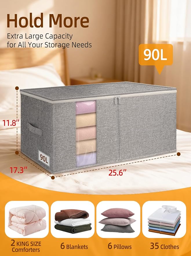 90L Rigid-Structured King Size Comforter Storage Bag, 2 Pack, Gray | Rigid Sides & Bottom, Stackable & Foldable Design, for King Quilts, Bedding, Pillows and Clothes, Closet & Dorm Organization