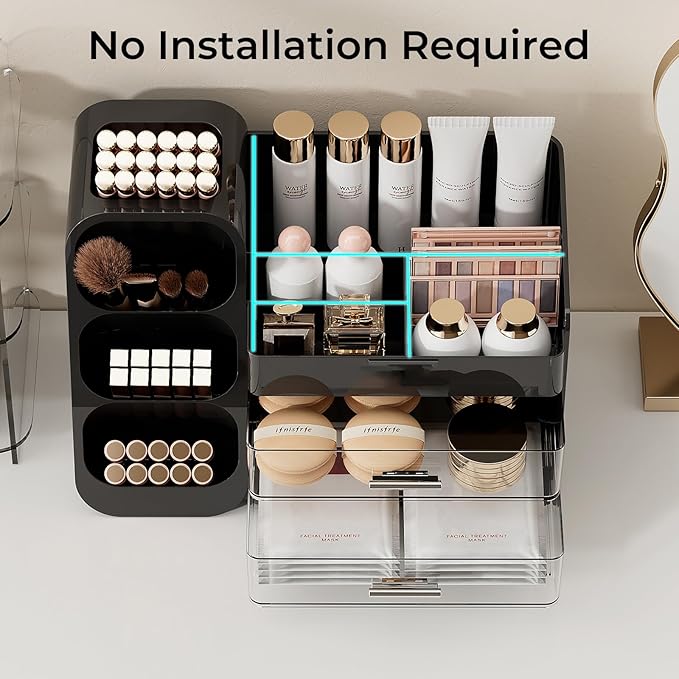 UFORU Makeup Organizer Countertop with Brush Holder for Vanity Bathroom | Large Capacity, Thickened Plastic, 2 Clear Drawers, Compact Size, Detachable Brush Holder, Divided Compartments, Easy Access