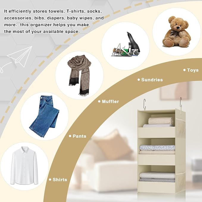 3-Shelf Hanging Closet Organizer, Washable Foldable Storage Shelves, Beige | Front lip keeps items secure; side pockets add room; Oxford fabric handles towels, shirts, baby items, dorms, RVs or travel.