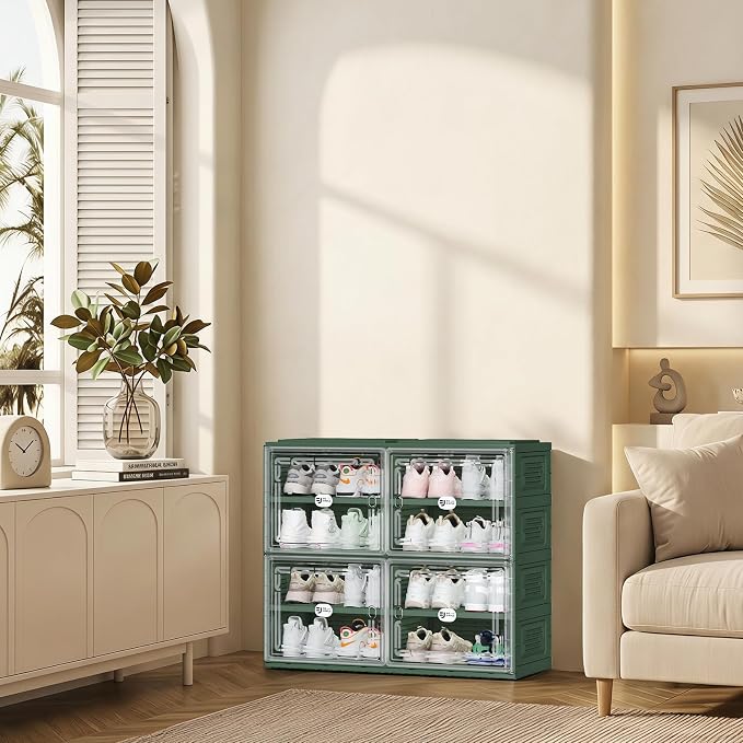 Foldable Shoe Cabinet with Magnetic Clear Doors, Wide Design Shoe Rack for Entryway, Portable Shoe Organizer Meeting Diverse Storage Needs (Green, 2Row 4Tier)