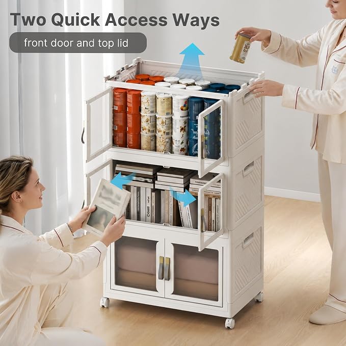 Stackable Storage Bins with Lids, 480QT Extra Large Storage Cabinet | Clear Doors, Foldable Storage Drawers, Heavy Duty, Collapsible Closet Organizers for Bedroom Office (4, White, 120, Quarts)