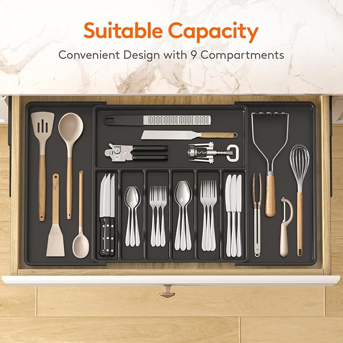 Lifewit Silverware Drawer Organizer, Expandable Utensil Tray for Kitchen, BPA Free Flatware and Cutlery Holder, Adjustable Plastic Storage for Spoons Forks Knives, 18- 33 x 18.5", Black