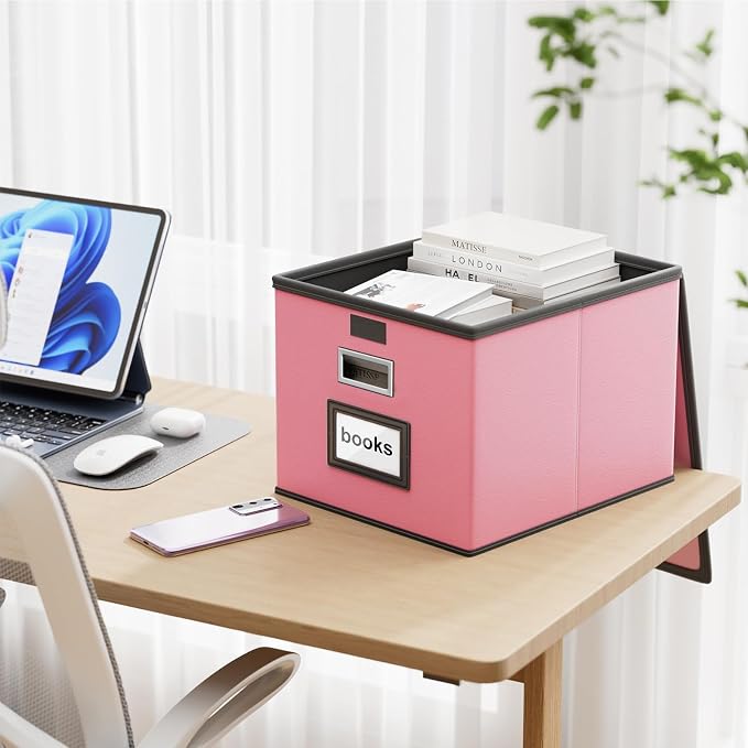 File Organizer Box with Lids, Collapsible File Folder Organizer | File Box with Plastic Slides for Document, Filing Bin for Letter Size Hanging File Folders (2 Pack, Pink, Leather)