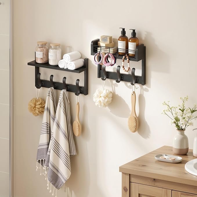 Delamu 29" Wall Mounted Coat Rack with Shelf, 4 in 1 Wall Shelf with 11 Hooks, Entryway Coat Hanger Wall Mount for Living Room and Bedroom, Black