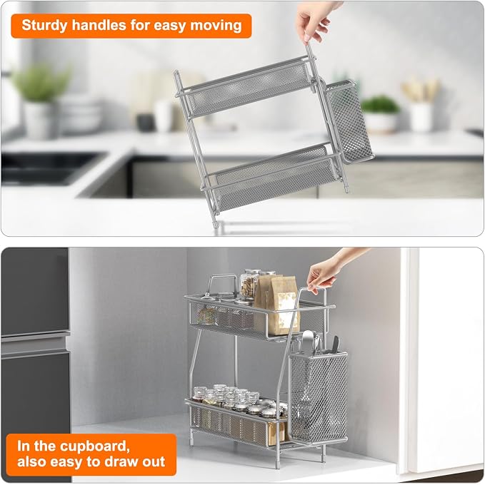 Spice Rack Organizer for Kitchen Counter, Spices Organizer and Storage Seasoning Organizer for Cabinet, Kitchen Metal Countertop Organizer with Side Basket (Grey)