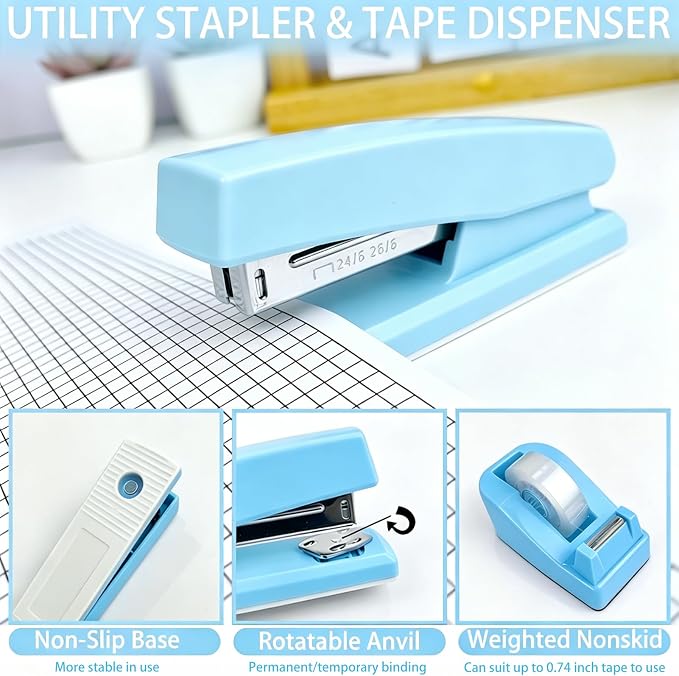JIZHIYUAN Blue Desk Accessories Set - 16 Pcs Blue Office Supplies with Stapler, Tape Dispenser, Pen Holder, Staple Remover, Hole Punch, Practical Aesthetics Desk Sets for Office, Home, School Women