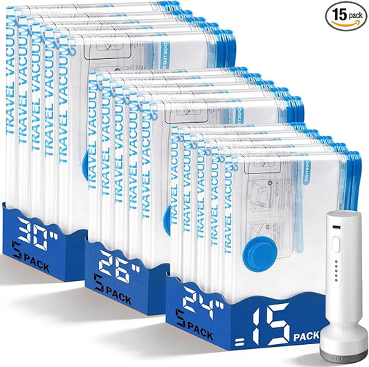 15 Pack Vacuum Storage Bags for Travel with Rechargeable Cordless Pump, Space Saver Bags for Clothes, Compression Packing Bags for Luggage and Suitcase,Blue