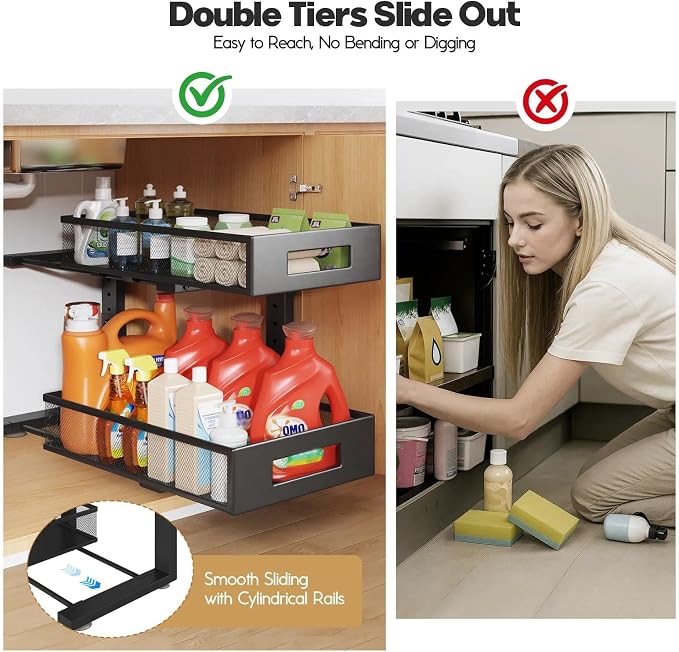 2 Packs 17IN Depth Under Sink Organizer, 2-Tier Pull Out Cabinet Organizer With Smooth Circular Rail, Large Capacity Metal Mesh Sliding Drawers For Bathroom& Kitchen Storage,Height Adjustable –Black