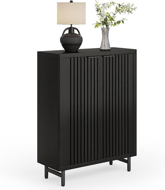 LITTLE TREE 6-Tier Shoe Cabinet with Doors for Up to 24 Pairs, Large Wooden Shoe Storage Cabinet with Adjustable Shelves, Black Freestanding Shoe Organizer Cabinet for Entryway, Hallway