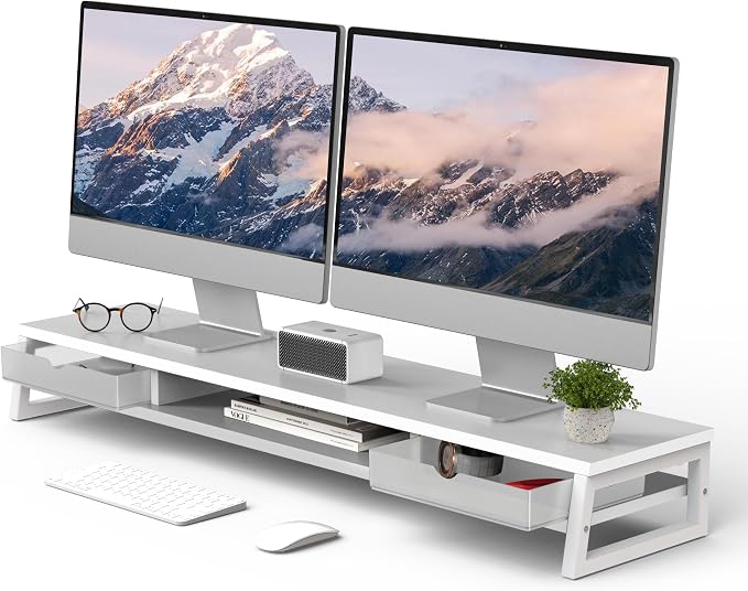 Fenge Dual Monitor Stand Riser, 42.5in Desk Shelf with 2 Drawers, White | 2-Tier Monitor Shelf for Desk, Storage Drawer with Stopper, Frosted, fit Home Office, Ultrawide Screen, PC, Laptop, TV