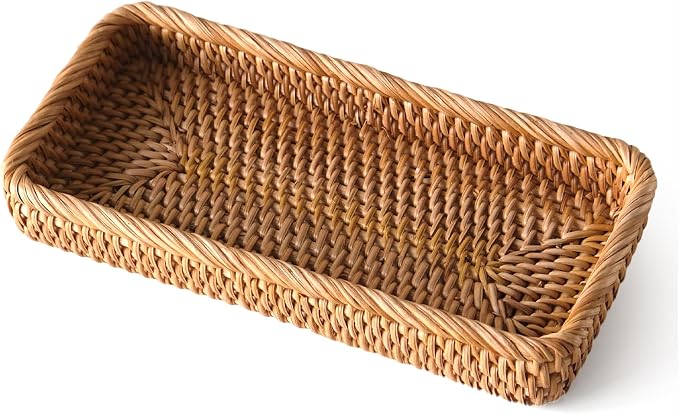 Small Rattan Serving Tray, Natural Wicker Decorative Tray (10" × 5.1") | Handwoven Tray for Trinket Ring Cosmetic, Rectangle Keys Basket Jewelry Perfume Trays for Coffee Table Entryway Living Room