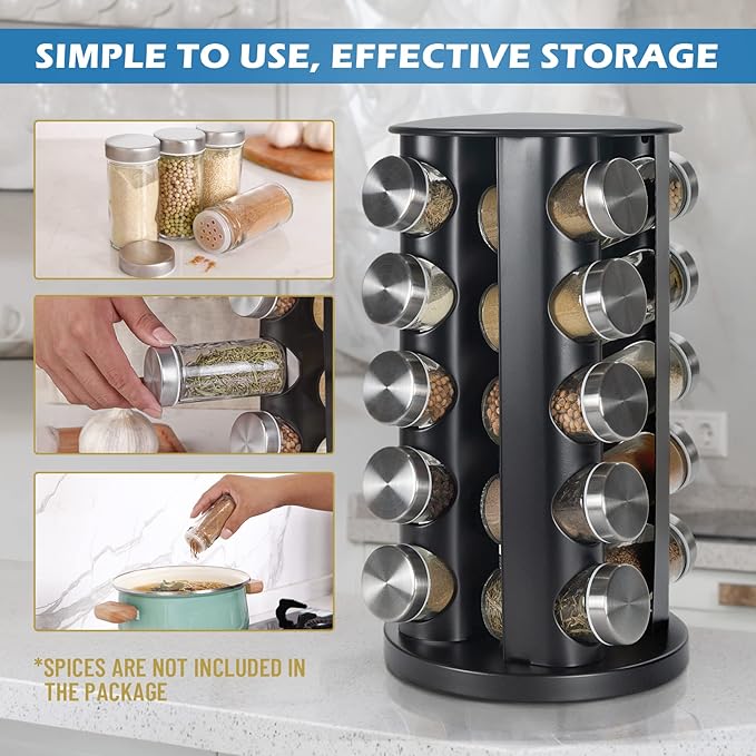 Tianifa Black Countertop Revolving Spice Rack, Empty 20-Jars Rotating Spice Rack Organizer, Round Carousel Tower, 135 Spice Labels with Funnel Complete Set, for Kitchen Countertop, Cabinet