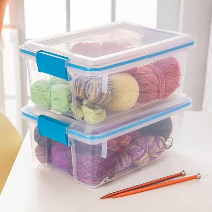 Sterilite Gasket Storage Box with Lids for Home & Office, 12 Quart, 6-Pack | Heavy-Duty, Stackable, and Organizing Containers for Bathroom, Cabinet, Closet, and Garage, Clear and Blue Aquarium Latches