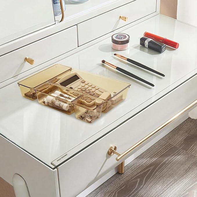 Kitchen Desk Drawer Organizers Storage for Office, Small Acrylic Vanity Trays Makeup Organizer for Drawer Bathroom Plastic Make up Organizers 25 Pcs Clear Champagne