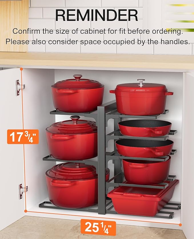 Pots and Pans Organizer Under Cabinet 15.8", 8-Tier Adjustable Black | 2 DIY Modes, Tool-Free Assembly, Max 120 Lbs, Fits Cast Iron Pans, Dutch Ovens & Heavy Cookware, For Kitchen Cabinets
