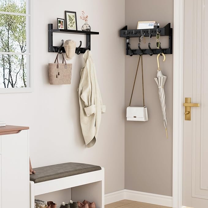 Evermagin 35" Coat Rack Wall Mount with Shelf & 13 Hooks, Entryway, Black | 4-in-1: coat hooks, key hanger, mail holder & display shelf. Pine wood. For bedroom, hallway, mudroom, livingroom