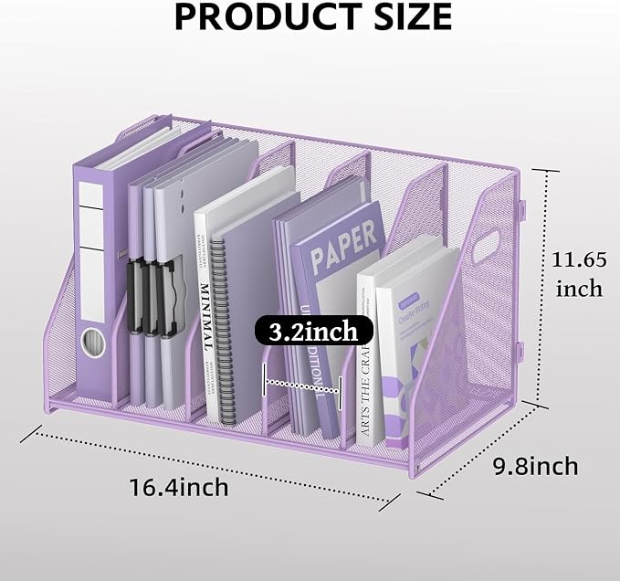 SUPEASY Binder Organizer, Magazine File Holder with 5 Vertical Rack, Purple | Metal Desk File Organizer & Binder Holders, Magazine Organizers for Office Desktop, Home, School, Classroom