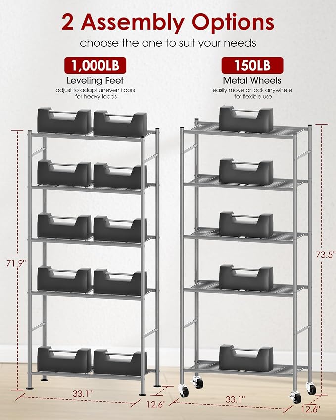 Sakugi 5-Tier Storage Shelves 33.1" x12.6' x73.5 Silver with Wheels | Kitchen, Closet, Pantry, Garage, Heavy Duty, Adjustable Feet, Metal Construction