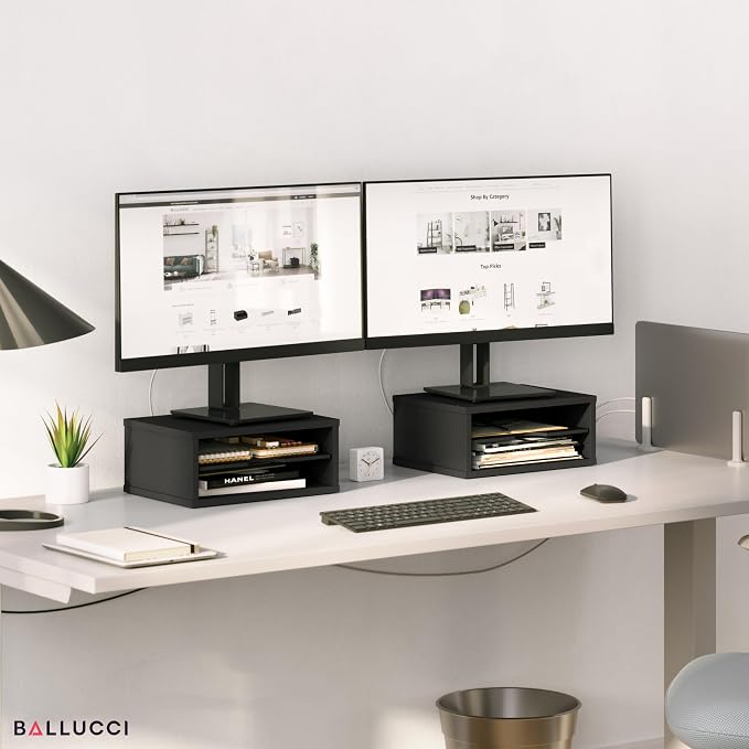 Ballucci File Organizer, 2-Tier Document Paper Sorter, Stackable Wood Desk Organizer Mail Holder, Monitor Stand with Storage Shelves, Black