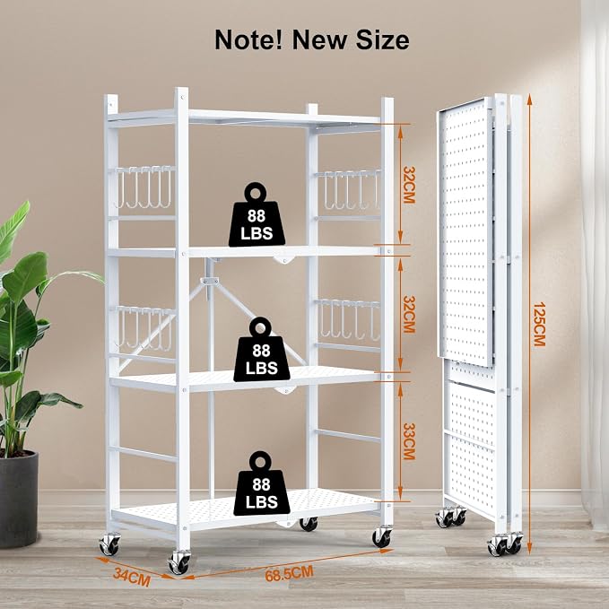 Himix Storage Shelves with 20 Hooks, 4-Tier Foldable Shelves for Storage, Folding Shelf Unit Pantry Shelves with Wheels, Metal Shelving Storage Rack Shelf for Kitchen Garage Home, White - No Assembly | Metal collapsible organization, Folding shelves ra...